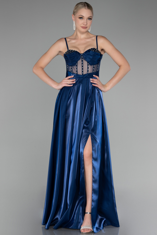 Navy Blue Strappy Underwire Corset Slit Long Satin Prom Dress ABU4112 |  Abiyefon.com