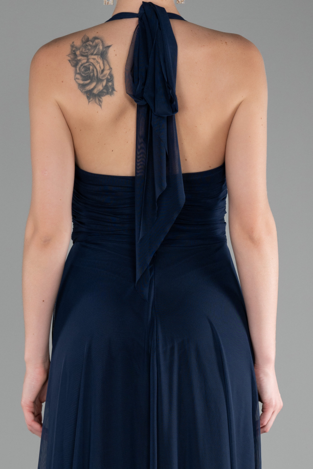 Navy Blue Halter Neck Long Chiffon Evening Dress ABU4188 | Abiyefon.com