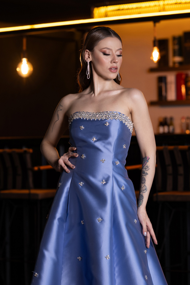 indigo cocktail dress A-Line Stretch Deco Crepe Knee Length Dress, Indigo