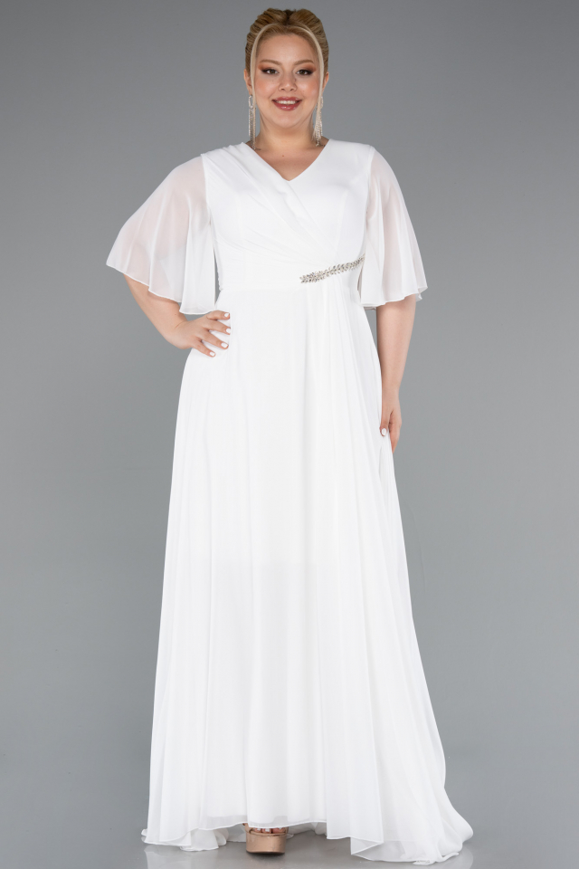 Long White Chiffon Plus Size Evening Dress ABU5051 | Abiyefon.com
