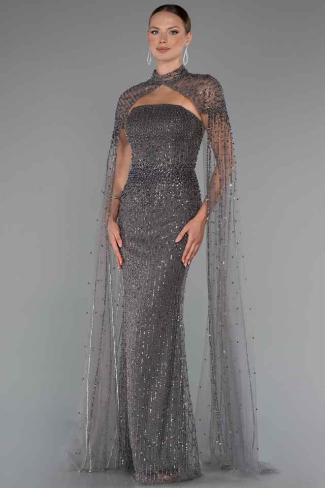 carrie bradshaw beige dress Dark Gray Long Sleeve Beaded Evening Gown
