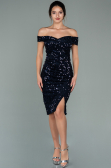 Short Navy Blue Sequined Velvet Invitation Dress ABK1130