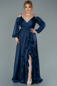 Long Navy Blue Satin Plus Size Evening Dress ABU2358