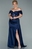 Long Navy Blue Satin Plus Size Evening Dress ABU2371