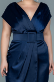 Midi Navy Blue Satin Plus Size Evening Dress ABK1499