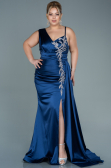 Long Navy Blue Satin Plus Size Evening Dress ABU2599