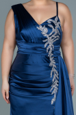 Long Navy Blue Satin Plus Size Evening Dress ABU2599