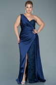 Long Navy Blue Satin Plus Size Evening Dress ABU2559