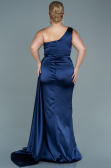 Long Navy Blue Satin Plus Size Evening Dress ABU2559