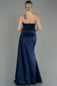 Long Navy Blue Satin Prom Gown ABU2965