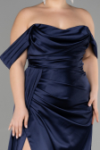 Long Navy Blue Satin Plus Size Evening Dress ABU3515