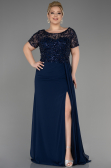 Long Navy Blue Chiffon Plus Size Engagement Dress ABU3731