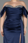 Long Navy Blue Satin Plus Size Engagement Dress ABU3655