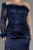 Long Navy Blue Satin Plus Size Engagement Dress ABU3741