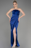 Long Navy Blue Satin Prom Gown ABU3525