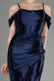 Navy Blue Slit Long Satin Evening Dress ABU3840