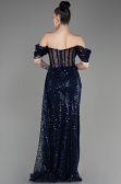 Navy Blue Off-Shoulder Slit Long Scaly Evening Dress ABU3847