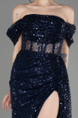 Navy Blue Off-Shoulder Slit Long Scaly Evening Dress ABU3847
