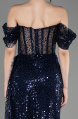 Navy Blue Off-Shoulder Slit Long Scaly Evening Dress ABU3847