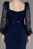 Navy Blue Scaly Long Sleeve Slit Evening Dress ABU3852