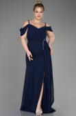 Long Navy Blue Chiffon Plus Size Evening Gown ABU3742