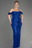 Sax Blue Shoulder Low Cut Long Sequin Plus Size Evening Dress ABU3919
