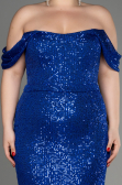 Sax Blue Shoulder Low Cut Long Sequin Plus Size Evening Dress ABU3919