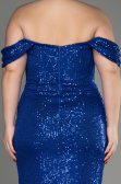 Sax Blue Shoulder Low Cut Long Sequin Plus Size Evening Dress ABU3919