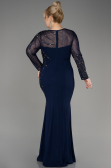 Navy Blue Stoned Long Sleeve Plus Size Evenin Gown ABU3928