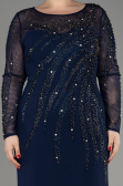 Navy Blue Stoned Long Sleeve Plus Size Evenin Gown ABU3928