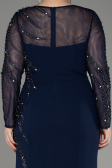 Navy Blue Stoned Long Sleeve Plus Size Evenin Gown ABU3928