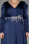 Navy Blue Long Sleeve Satin Plus Size Evening Dress ABU3941