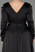 Black Long Sleeve Satin Plus Size Evening Dress ABU3941