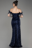 Navy Blue Strapless Slit Long Sequined Evening Gown ABU3953