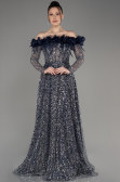 Navy Blue Boat Neck Scaly Long Evening Gown ABU3957