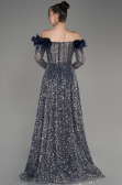 Navy Blue Boat Neck Scaly Long Evening Gown ABU3957