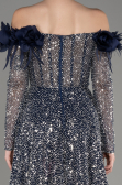 Navy Blue Boat Neck Scaly Long Evening Gown ABU3957