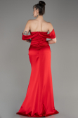 Red Off Shoulder Slit Satin Prom Dress ABU3964