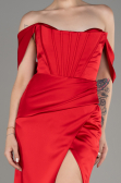 Red Off Shoulder Slit Satin Prom Dress ABU3964