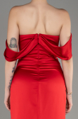 Red Off Shoulder Slit Satin Prom Dress ABU3964