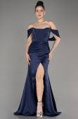 Navy Blue Off Shoulder Slit Satin Prom Dress ABU3964