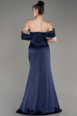 Navy Blue Off Shoulder Slit Satin Prom Dress ABU3964