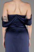 Navy Blue Off Shoulder Slit Satin Prom Dress ABU3964