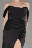 Black Off Shoulder Slit Satin Prom Dress ABU3964