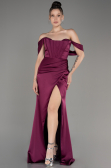Cherry Colored Off Shoulder Slit Satin Prom Dress ABU3964