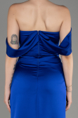 Sax Blue Off Shoulder Slit Satin Prom Dress ABU3964