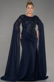 Navy Blue Long Chiffon Sleeve Plus Size Evening Dress ABU3913