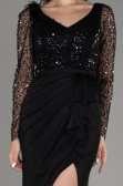 Black Sequined Long Sleeve Slit Evening Dress ABU3283