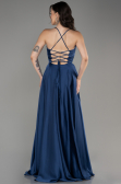 Navy Blue Slit Long Satin Prom Dress ABU4017