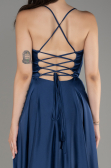 Navy Blue Slit Long Satin Prom Dress ABU4017